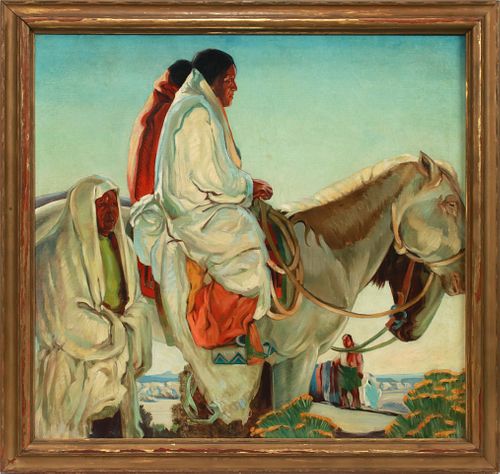 AFTER WILLIAM VICTOR HIGGINS (AMER, 1884-1949), OIL ON CANVAS, H 32", W 34", FIESTA DAY 