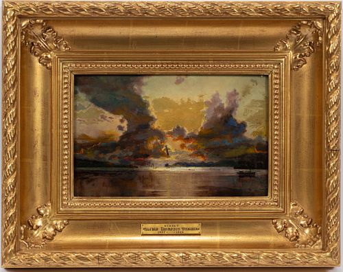ALFRED THOMPSON BRICHER (AMER, 1837-08), OIL ON ARTIST BOARD, H 8.5", W 12.5", SUNSET 