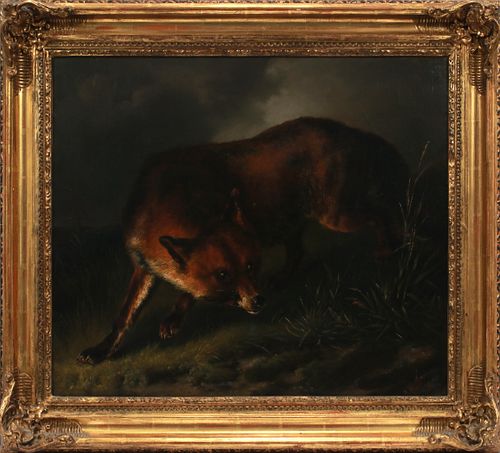 W. FORNEAU, OIL ON CANVAS, 1859, H 22", W 27", PROWLING FOX 