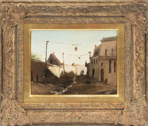 PAUL DESIRE TROUILLEBERT (FRENCH, 1829-1900), OIL ON PANEL, 1881-83, H 9.5" W 13", VILLAGE SCENE WITH TWO FIGURES 