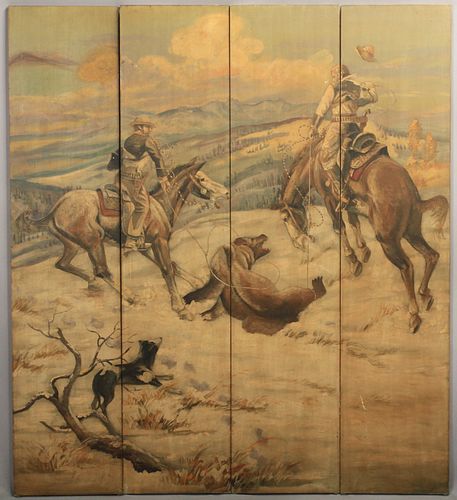 AFTER C.M. RUSSELL (AMER, 1864-26), OIL ON PANELS, 4 PCS, H 72", W 16" (EACH) "LOOPS AND SWIFT HORSES..." 