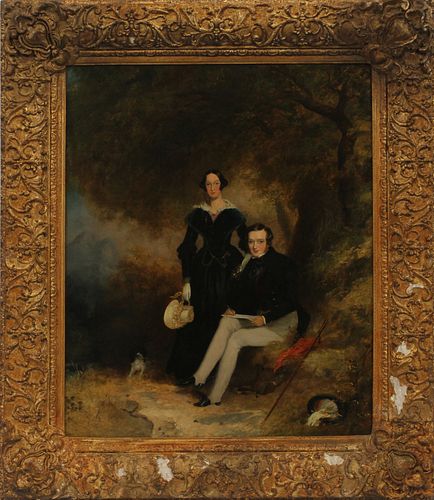 ATTR. JOHN FERNELEY (ENGLISH, 1782-60), OIL ON CANVAS, H 24", L 20", SEATED COUPLE 