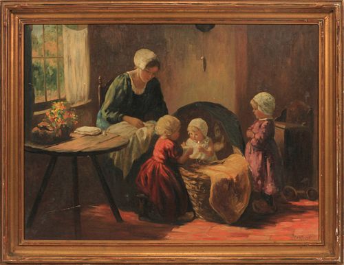 BERNARD POTHAST (DUTCH, 1882-66), OIL ON MASONITE, H 22", W 30", MOTHER WITH CHILDREN 