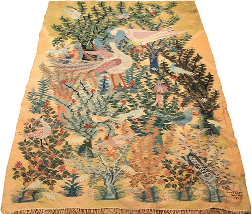 W.W. HAND-WOVEN WOOL TAPESTRY, 1947, H 7' 1", W 9' 8"