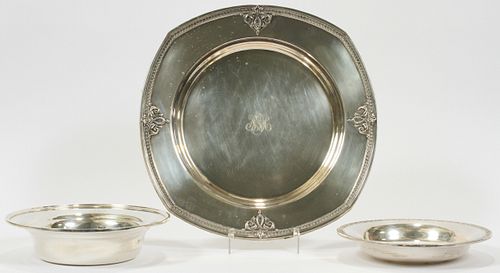 WALLACE AND S. KIRK STERLING SILVER BOWLS & PLATTER, 3 PCS, DIA 9"-15", 66 TOZ 