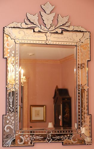 VENETIAN STYLE ETCHED GLASS MIRROR, H 58", W 36"