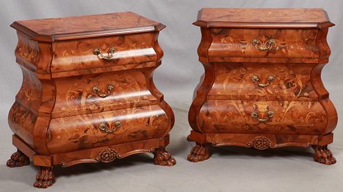VENETIAN FRUITWOOD MARQUETRY PETITE BOMBE COMMODES, PAIR, H 25", W 25"