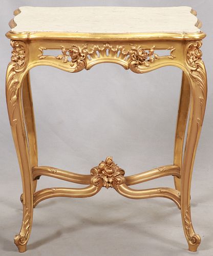 FRENCH GILT WOOD & MARBLE TOP TABLE, H 29", W 24"