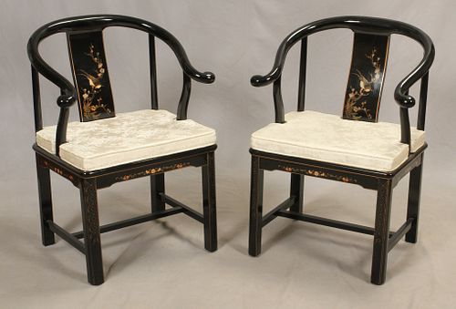 CHINESE BLACK LAQUER ARM CHAIRS, PAIR, H 32", W 24"