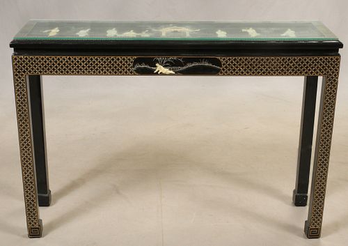 CHINESE BLACK LACQUER CONSOLE TABLE, H 30", W 44"