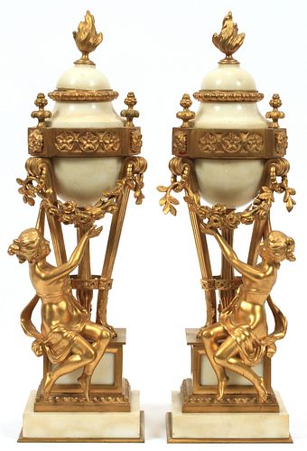 FRENCH MARBLE & BRONZE COVERED URNS, 19TH C, PAIR, H 18", W 5"