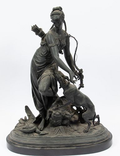AFTER ETIENNE HENRI DUMIAGE (FRENCH, 1830-88), SPELTER SCULPTURE, H 26", W 20", DIANA THE HUNTRESS 