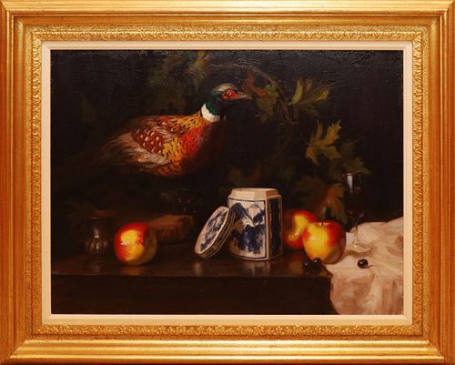 CHARLES MUENCH (AMER, B. 1966), OIL ON CANVAS, H 22", W 28", "STILL LIFE WITH PHEASANT" 