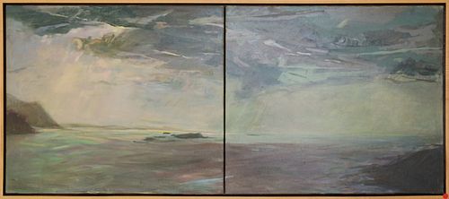 BARBARA SCHAFF (AMER, 20TH C), OIL ON CANVAS DIPTYCH, H 29", W 62", "SKY ON SKY" 