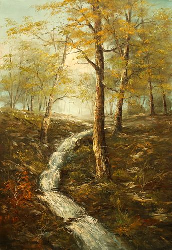 SAMUEL OIL ON CANVAS, STREAM IN FOREST H 36", W 24" 