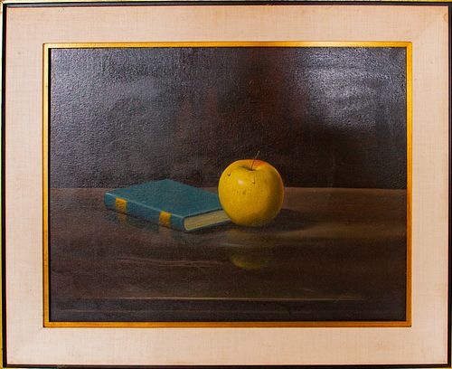 OIL ON CANVAS, C 1960 H 20" W 24" STILL LIFE, STUDY OF BOOK AND APPLE 
