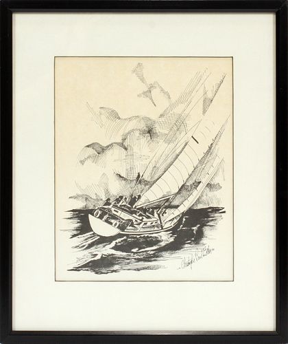 CHRISTOPHER PAUL BOLLEN (AMERICAN, B. 1942), LITHOGRAPH ON PAPER, H 9 1/2", L 7 1/2", "SAILBOATS" 