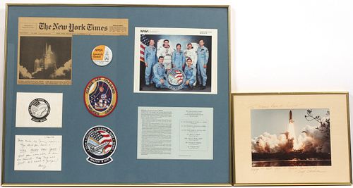 COLLAGE OF SPACE SHUTTLE ATLANTIS MEMORABILIA AND FRAMED PHOTOGRAPH, TWO PCS, H 22", W 27" 