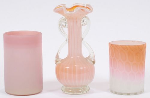 SATIN GLASS AND BURMESE TUMBLERS (2), HAND BLOWN VASE 19TH.C. H 3.5", 4", 6" 