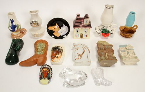 JAPANESE, AMERICAN, AND UNMARKED, PORCELAIN AND GLASS, WALL POCKETS & GLASS ROCKING HORSE FINGURINE,, 15 PCS. 