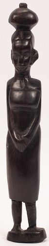 AFRICAN TRIBAL ART CARVED EBONY FIGURE CARRYING BUNDLE ON HEAD, 1950 H 13" 