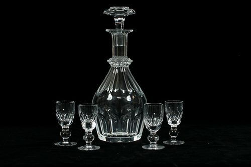BACCARAT DECANTER & WATERFORD CORDIALS, 5 PCS, H 3"-11"