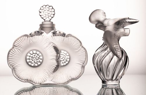 LALIQUE CRYSTAL  PERFUME BOTTLES, TWO H 3" 