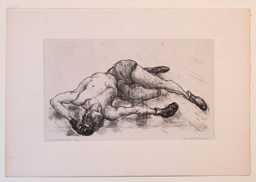 LUC-ALBERT MOREAU (FRENCH, 1882–1948), LITHOGRAPH ON CHINE-COLLE, ON WOVE PAPER H 10.5 W 17.25 THE FALLEN BOXER 
