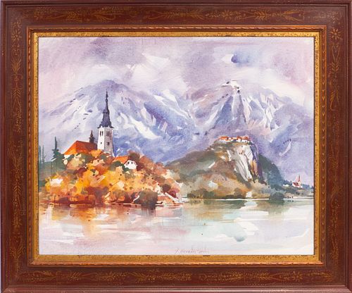 JANEZ KOVACIC (SLOVENIA, B. 1942), WATERCOLOR ON PAPER, 2000, H 22", W 28", MOUNTAIN VILLAGE 