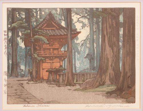 HIROSHI YOSHIDA, 1876 - 1950, WOOD BLOCK PRINT H 6.4" W 9" TAKINOO SHRINE 