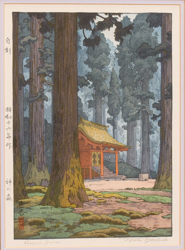 TOSHI YOSHIDA, WOODBLOCK PRINT, C. 1941 H 9.5" W 6.7" SACRED GROVE 