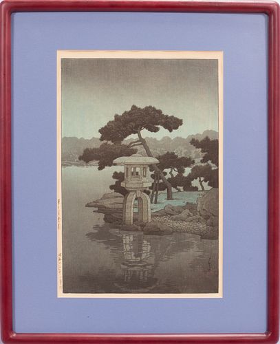  HASUI  KAWASE 1883 - 1957, WOODBLOCK PRINT, 1930, H 14" W 9.5" MOONLIGHT OVER KIOSUMI GARDEN