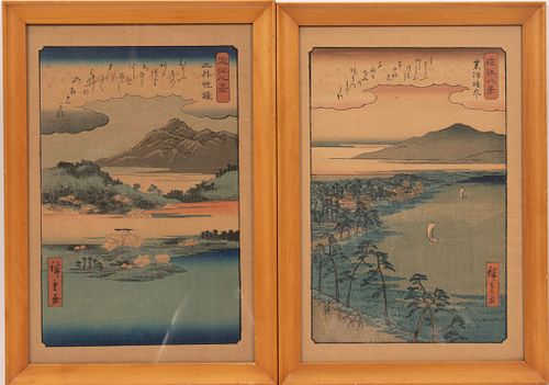 HIROSHIGE, WOODBLOCK PRINTS, TWO H 13" W 8.6" FROM EIGHT VIEWS OF LAKE OMI