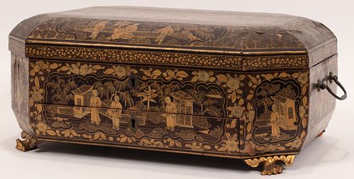 JAPANESE LACQUER MEIJI PERIOD LACQUER SEWING BOX H 6" W 14" D 10" 