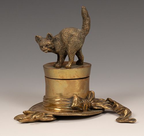BRASS INKWELL, "CAT" COVER, C. 1900 H 4" 
