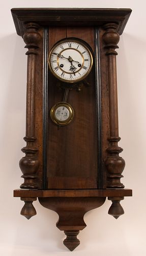 MAHOGANY WALL CLOCK, C. 1900, H 24", W 15"