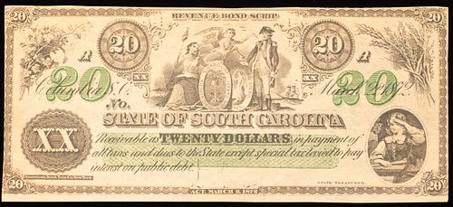 U.S, SOUTH CAROLINA $20.DOLLAR PAPER CURRENCY MARCH 2ND,1872 UNCIRCULATED MS-65 (1) H 3.5" W 8" 