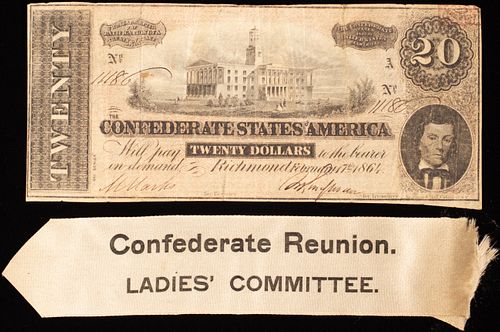 CONFEDERATE REUNION LADIES' COMMITTEE-RIBBON $20.DOLLAR FEB 17,1864 RICHMOND PAPER-CURRENCY NOTE #11186 SIGNED (2) PC. H 7" W 9" 