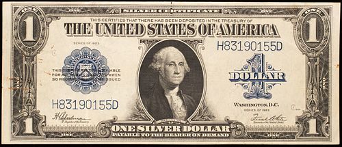 $1.SILVER CERTIFICATE PAPER CURRENCY LG-NOTE WASHINGTON 1923 SERIAL # H-83190155-D,  (1) H 9 W 20 MM. 