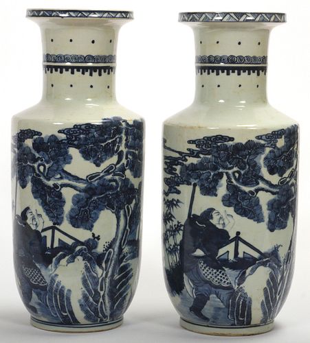 CHINESE BLUE AND WHITE  PORCELAIN ROULEAU VASES PAIR H 14" DIA 6 1/2" 