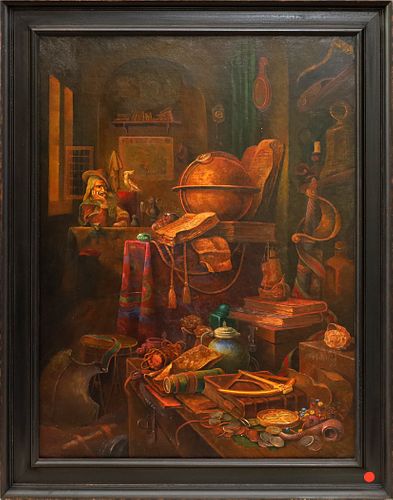 CYRILLIC SIGNED OIL ON CANVAS, H 31", W 23", MEDIEVAL INTERIOR 