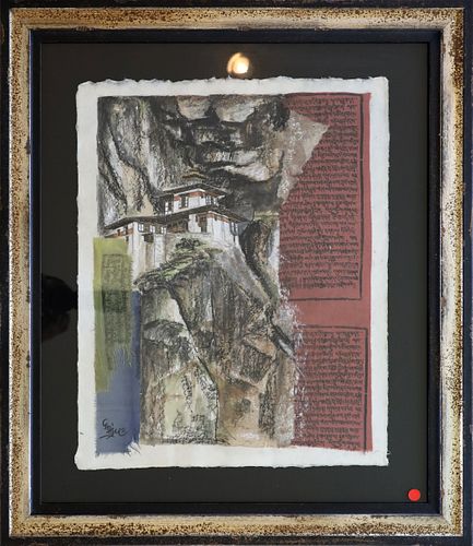 SIGNED MIXED MEDIA COLLAGE, H 26", W 20", BUTAN CLIFF-SIDE MONASTERY 