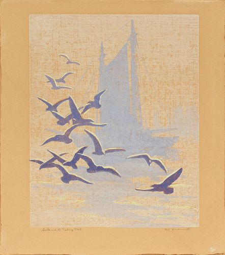 TOD LINDENMUTH, USA 1885 - 76, WOOD CUT ON PAPER H 15" W 12" "GULLS AND THE FISHING FLEET" 