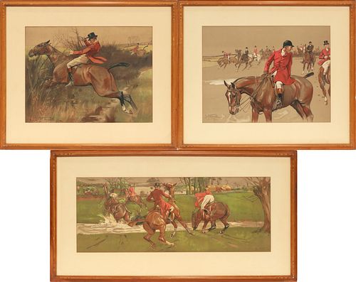 LIONEL EDWARDS (BRITISH, 1878-66), COLOR LITHOGRAPHS ON PAPER, C. 1912, 3 PCS, H 10"-15", FOX HUNTING SCENES 