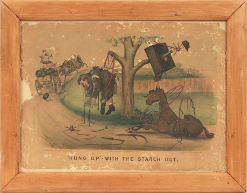 CURRIER & IVES, HAND-TINTED LITHOGRAPH ON PAPER, C. 1880, H 11", W 15", "HUNG UP WITH THE STARCH OUT" 