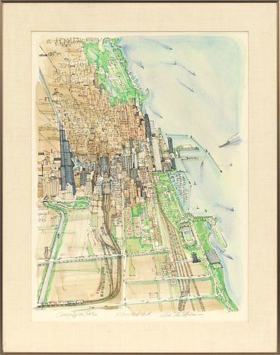 MARK MCMELION, HAND-TINTED LITHOGRAPH, H 28", W 21", "CHICAGO BY THE LAKE" 