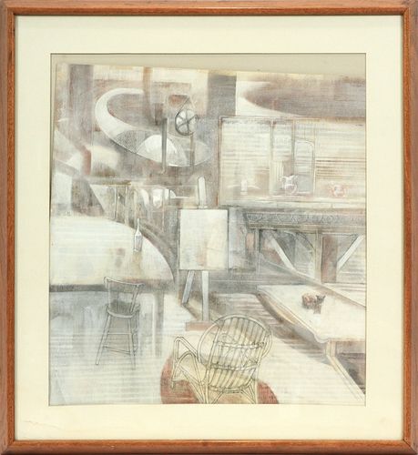 ZUBEL KACHADOORIAN (USA, 1924-02), GOUACHE & CONTE CRAYON ON WOVEN PAPER, H 25", W 22", "THE WICKER CHAIR" 