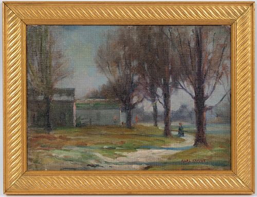 KARL KAPPES (OHIO, 1861-43), OIL ON CANVAS BOARD, H 9.5", W 14", PASTORAL PATHWAY 
