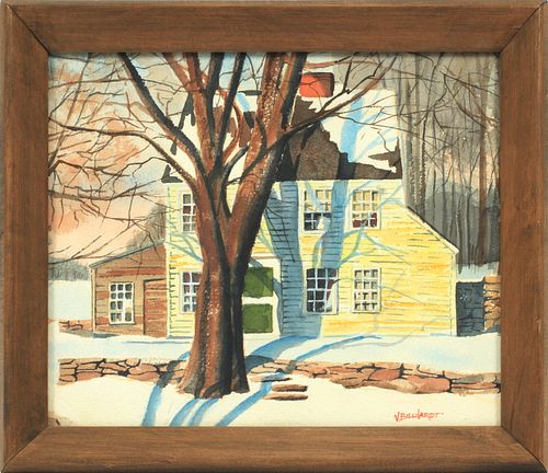 VIRGINIA BILLHARDT (ILLINOIS, 20TH C), WATERCOLOR ON PAPER, H 8", W 10", SNOW COVERED HOME 