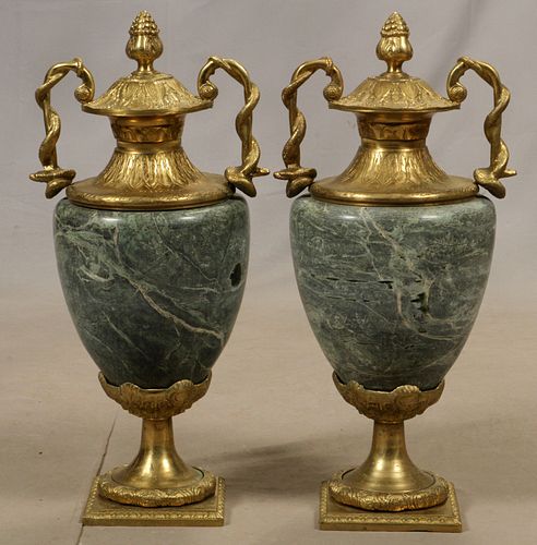 FRENCH, EMPIRE STYLE MARBLE AND BRONZE URNS, H 27" W 12" 